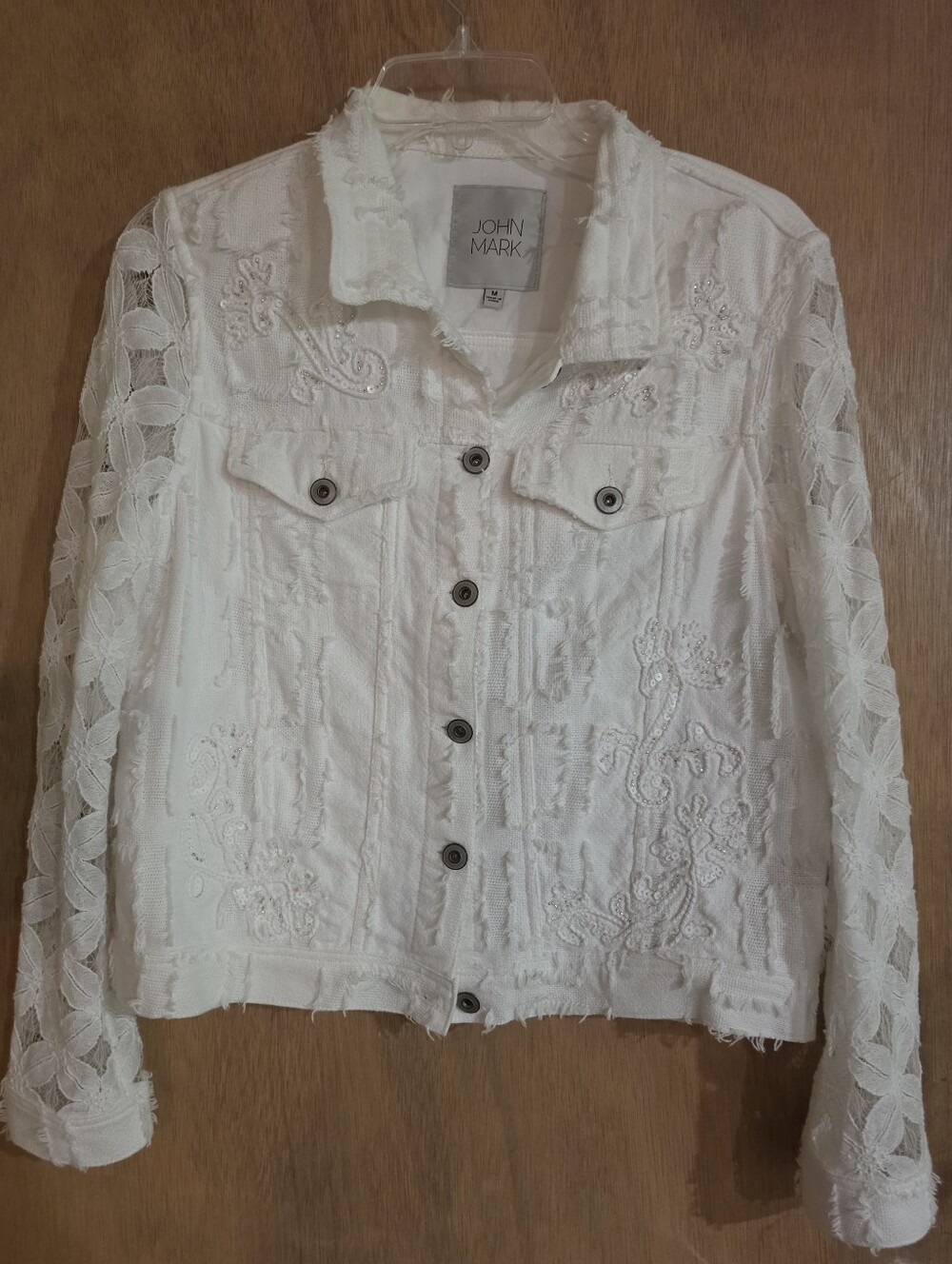 Rare JOHN MARK White Mixed-Media Beaded Embellished Embroidered Lace Jacket Med